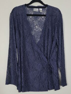 Vintage Chicos Lace Wrap Top Size 1 Medium Navy Blue Feminine Goth Romantic